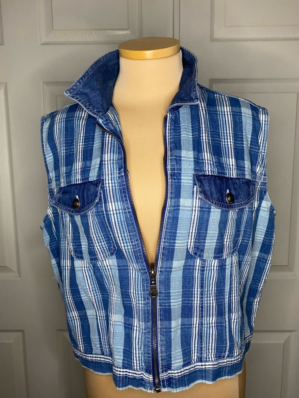 Crossroads Women's Denim Vest, Plaid, Size Large, 90s Y2K, Hipster, Summer